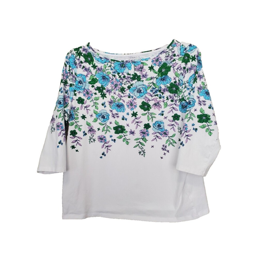 Talbots Plus Cotton/Spandex White Floral Boat Neck T-Shirt Size 1X